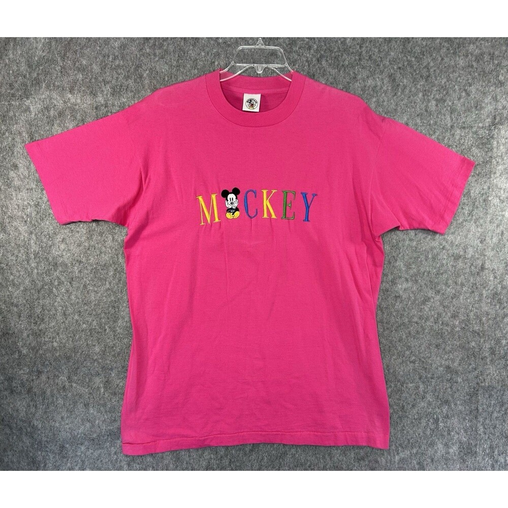 Vintage Mickey & Co. Embroidered Mickey Mouse Pink T-Shirt Size XL Made In USA